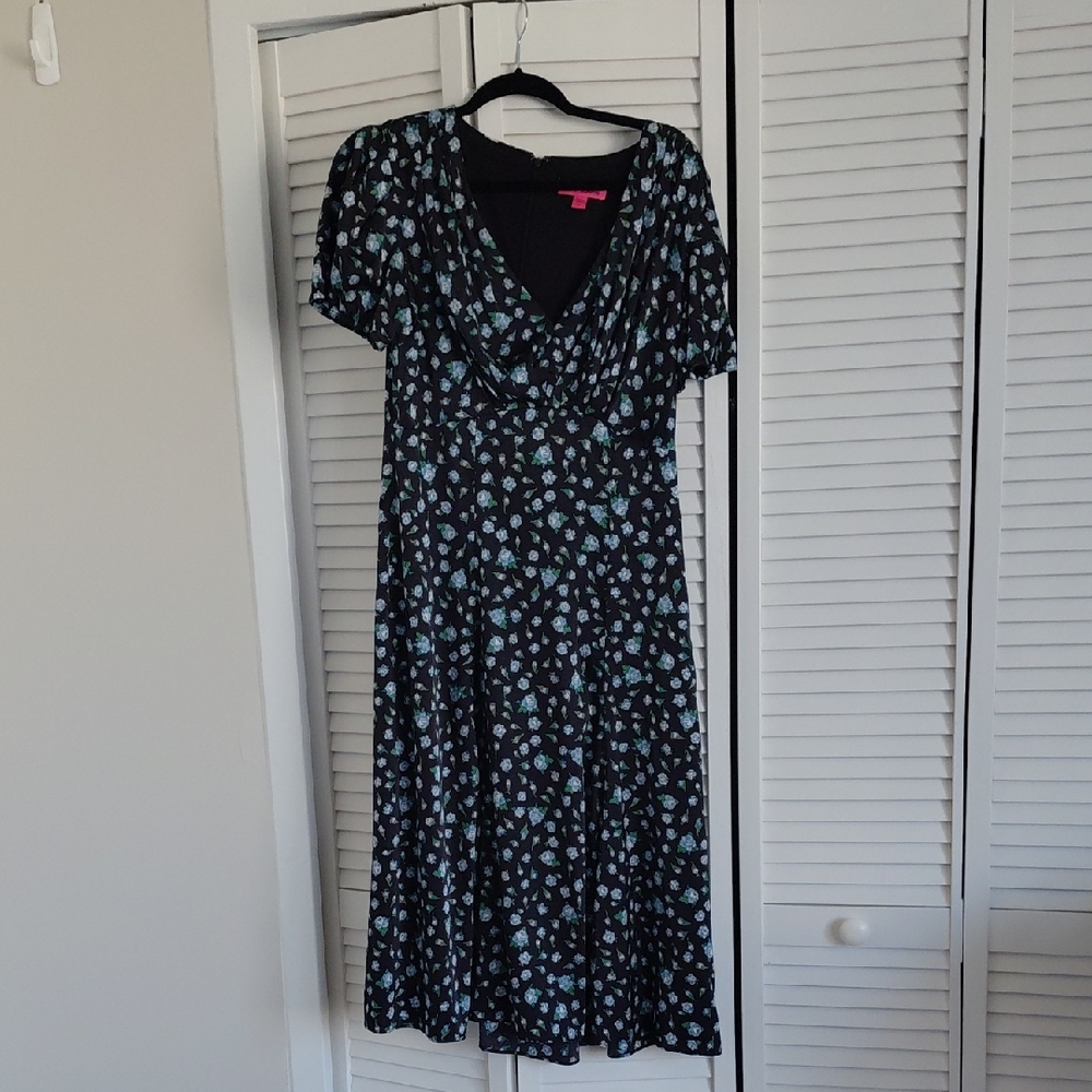 Betsey Johnson Black Midi Dress with Blue and Mint Floral Print